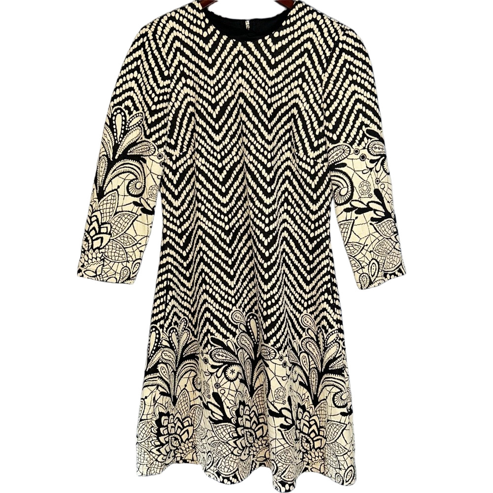 MSK Dress Womens M Black Fit & Flare Midi Paisley Minimalist 3/4 Sleeve Jacquard